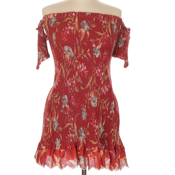 Zimmermann Red Floral Smocked Off Shoulder Mini Dress Sz 10 (3) Linen Cotton - Picture 1 of 11